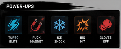 Power-ups: turbo blitz, puck magnet, ice shock, big hit, gloves off
